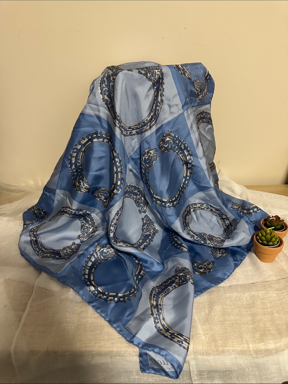 Vintage Cartier Panthere Bracelet Motif Blue 100% Silk Printed Scarf